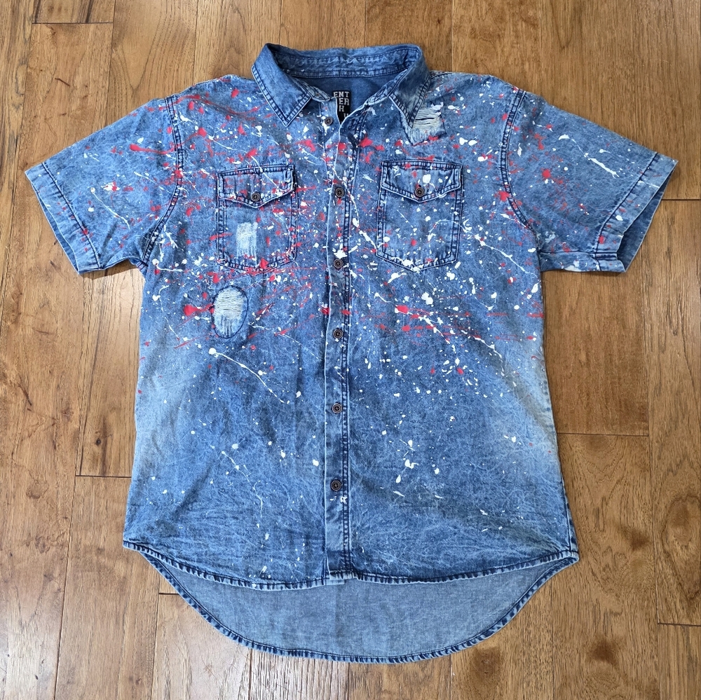 Enter The Void Paint Splattered Short Sleeve Button Down Distressed Denim Shirt